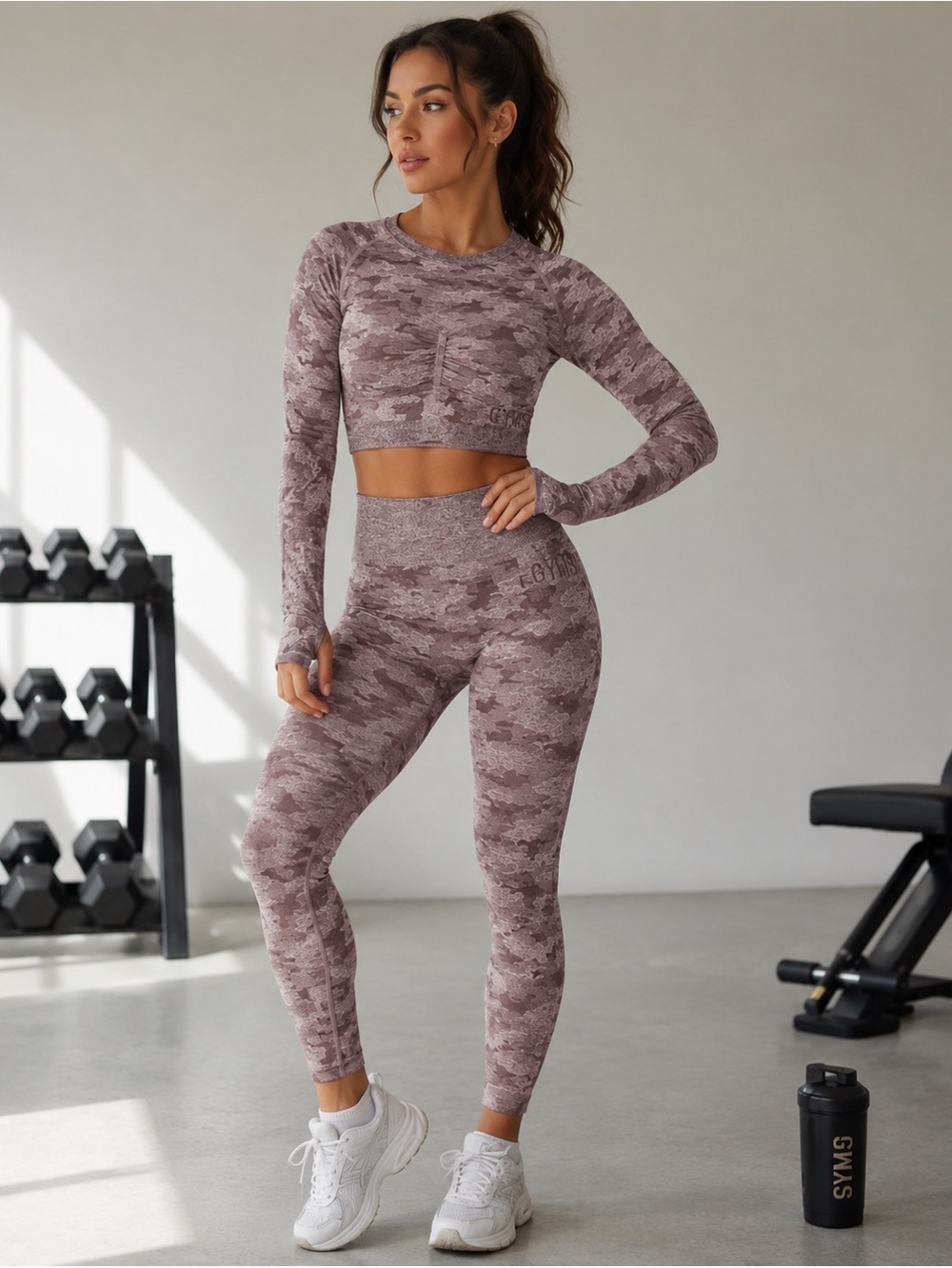 Gymshark | Camo Seamless Set | Long Sleeve Crop Top & Leggings | Lavender Grey M